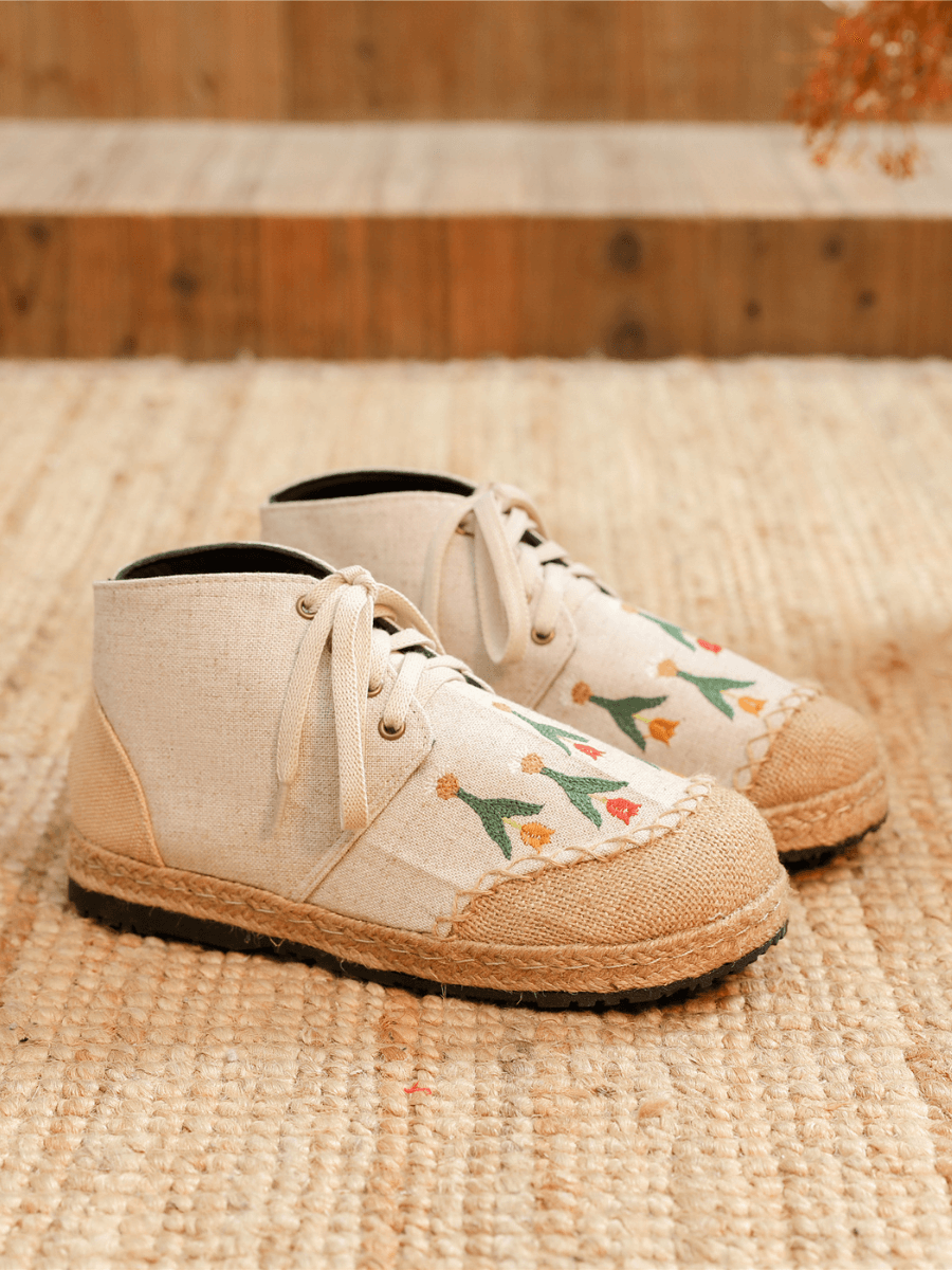 CACTUS ROSE | BEIGE RETRO EMBROIDERED LINEN SNEAKER