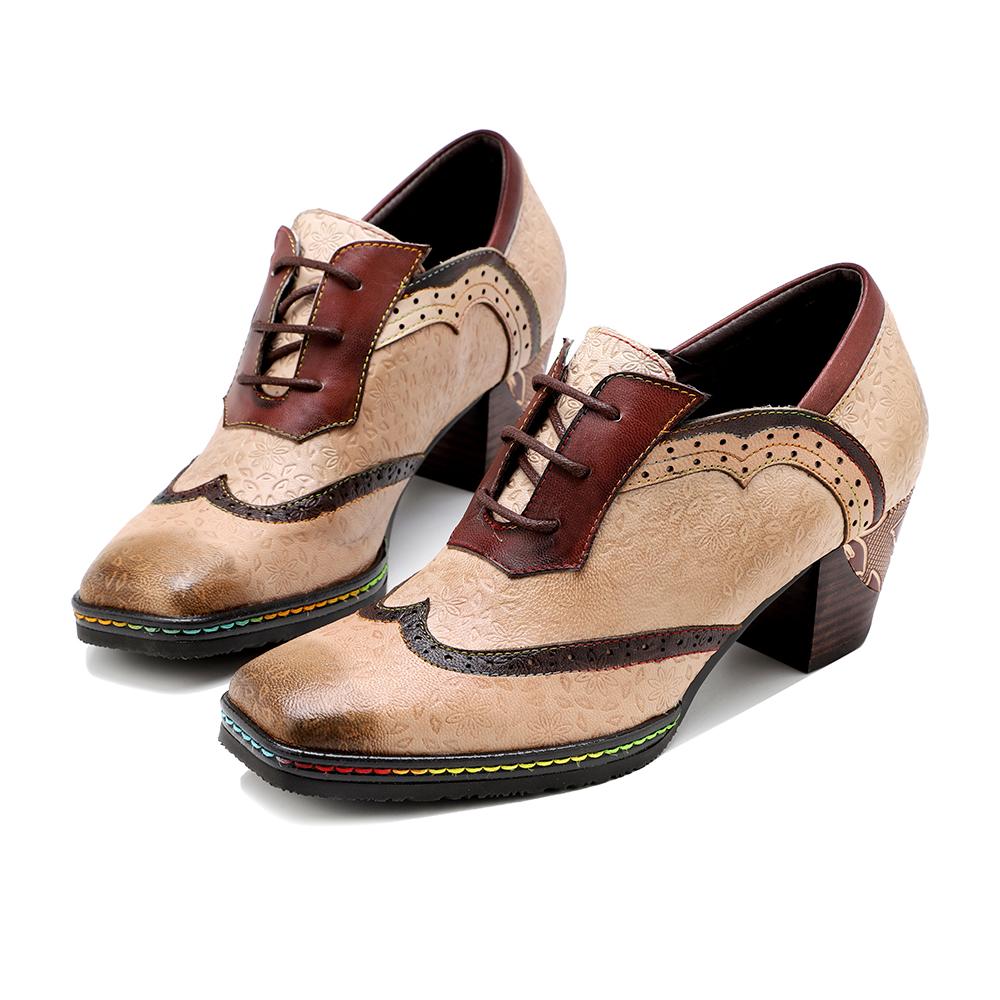 SOFFIA | BEIGE LEATHER ADELE BLOCK HEEL BROGUES OXFORD