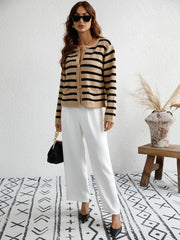 STRIPE POCKET BUTTON UP KNIT CARDIGAN - BEIGE