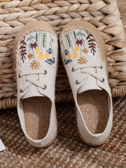 Cactus Rose | Garden Embroidered Linen Boat Shoes Espadrilles - Beige