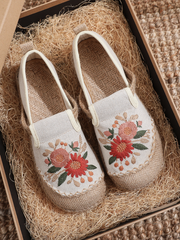 Cactus Rose | Double Kiss Floral Embroidered Linen Espadrilles - Beige