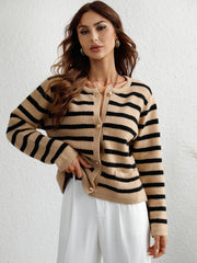 STRIPE POCKET BUTTON UP KNIT CARDIGAN - BEIGE