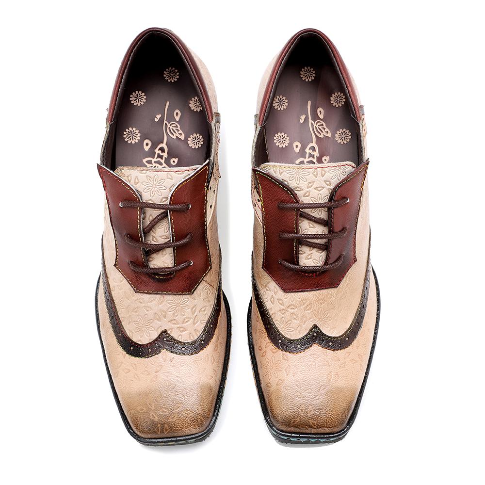 SOFFIA | BEIGE LEATHER ADELE BLOCK HEEL BROGUES OXFORD