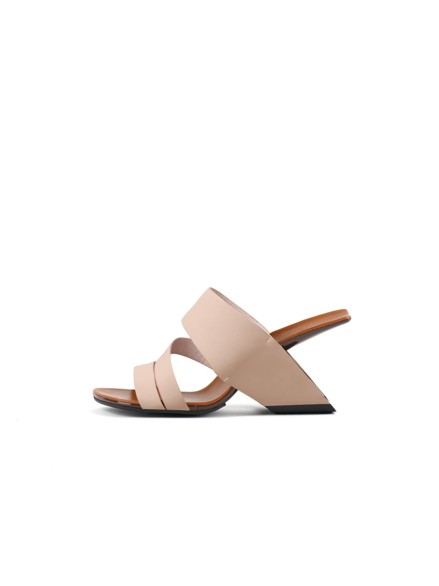 JadyRose | Beige Cross Strap Leather Wedge Slides Sandals