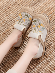 Cactus Rose | Field Corn Embroidered Round Toe Linen Espadrilles - Beige