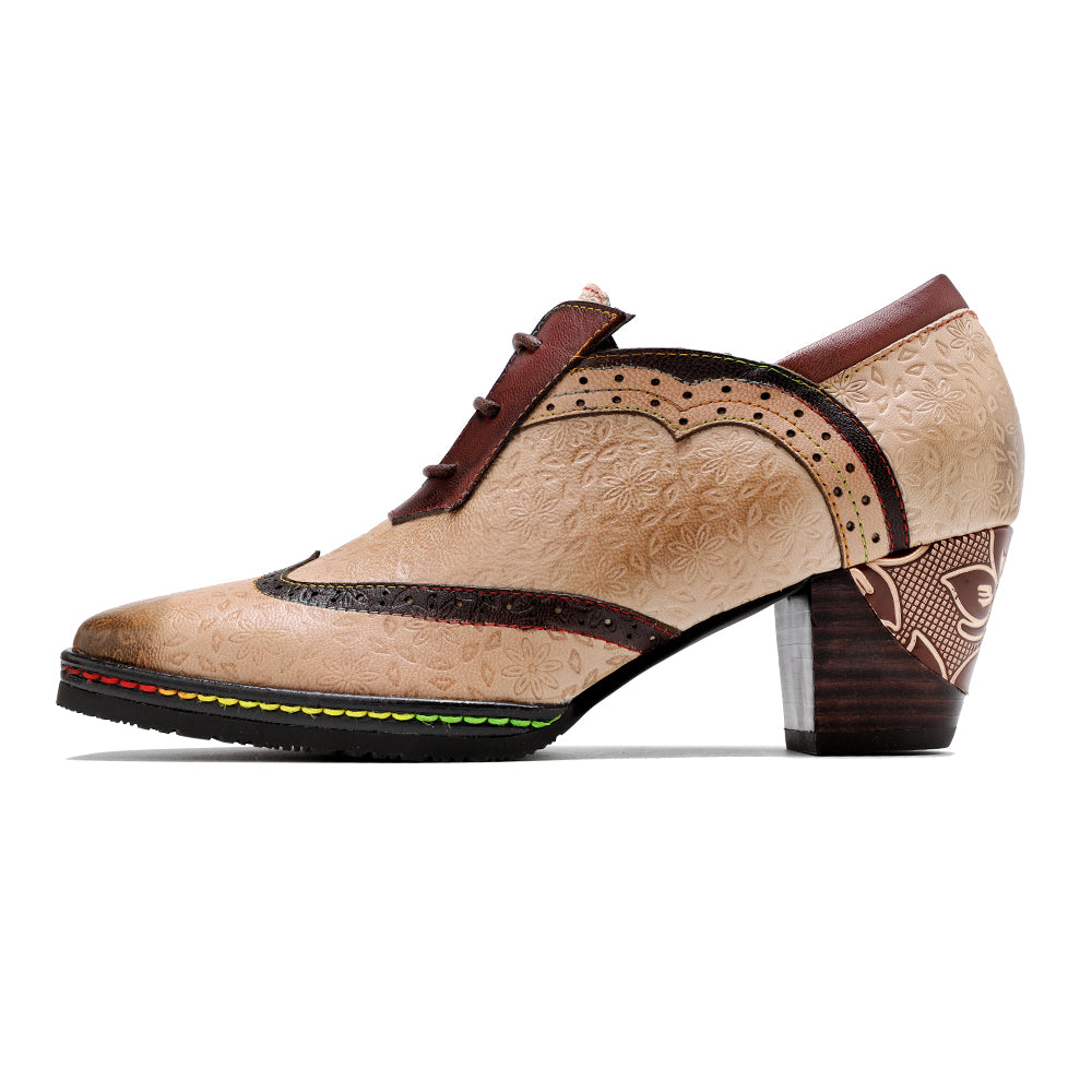 SOFFIA | Genuine Leather Floral Embossed Adele Low Heel Oxford Shoes