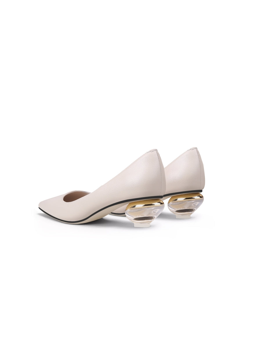 JadyRose | Genuine Leather Beige & Crystal Bowl-Heel Pump