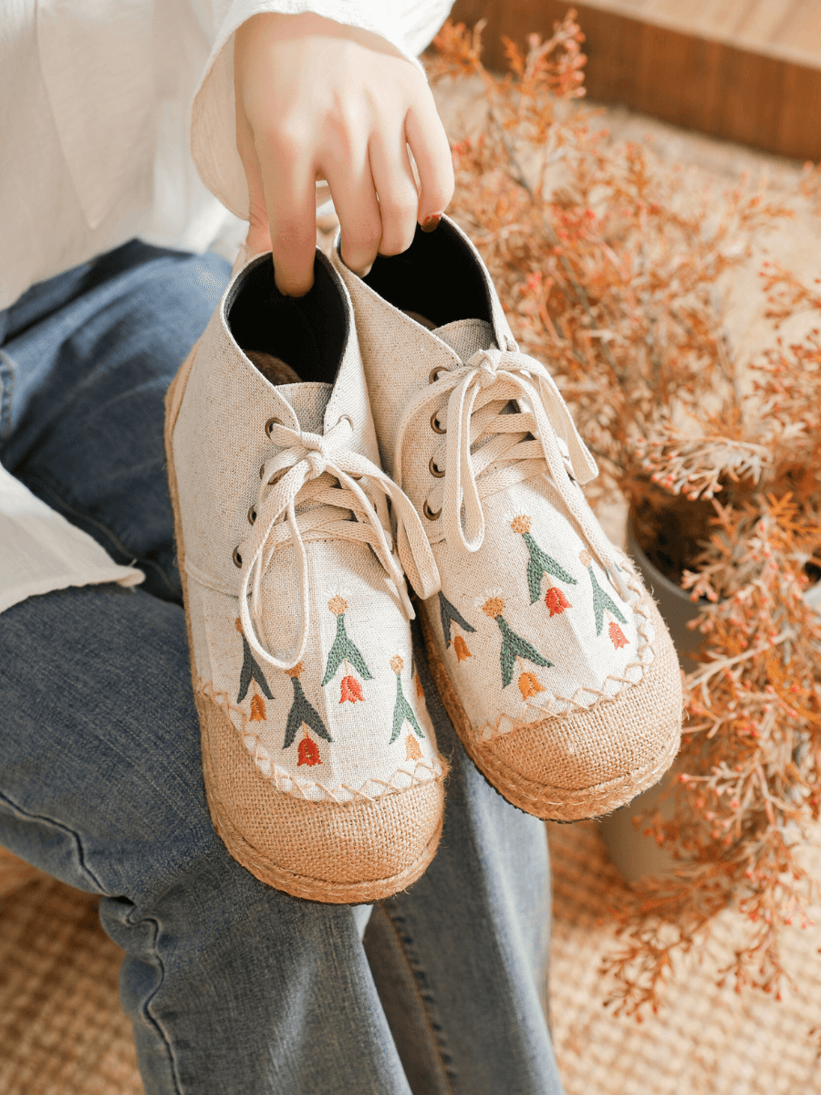 CACTUS ROSE | BEIGE RETRO EMBROIDERED LINEN SNEAKER