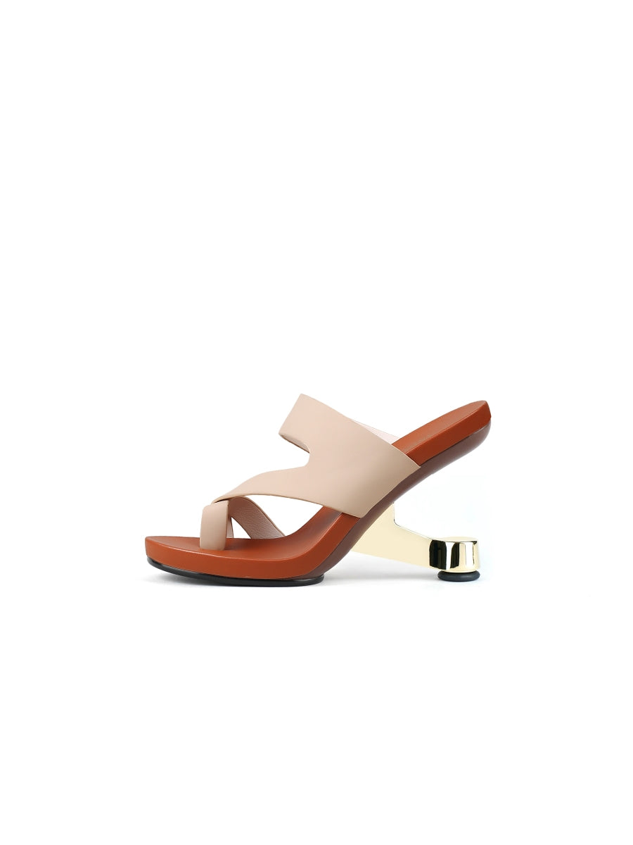 JadyRose | Beige Criss-Cross Toe Elevator Heel Leather Slides Sandals