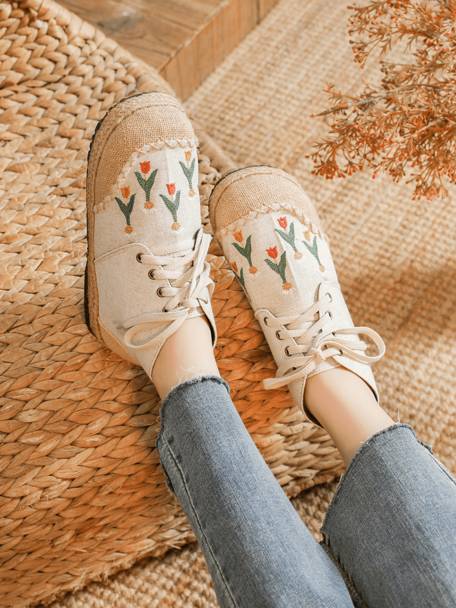 CACTUS ROSE | BEIGE RETRO EMBROIDERED LINEN SNEAKER