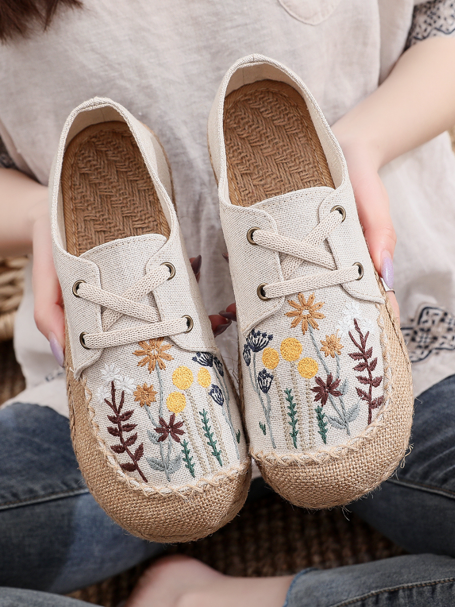 Cactus Rose | Garden Embroidered Linen Boat Shoes Espadrilles - Beige