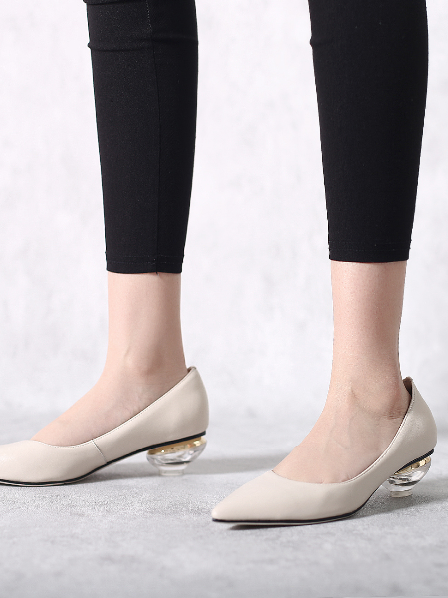 JadyRose | Genuine Leather Beige & Crystal Bowl-Heel Pump