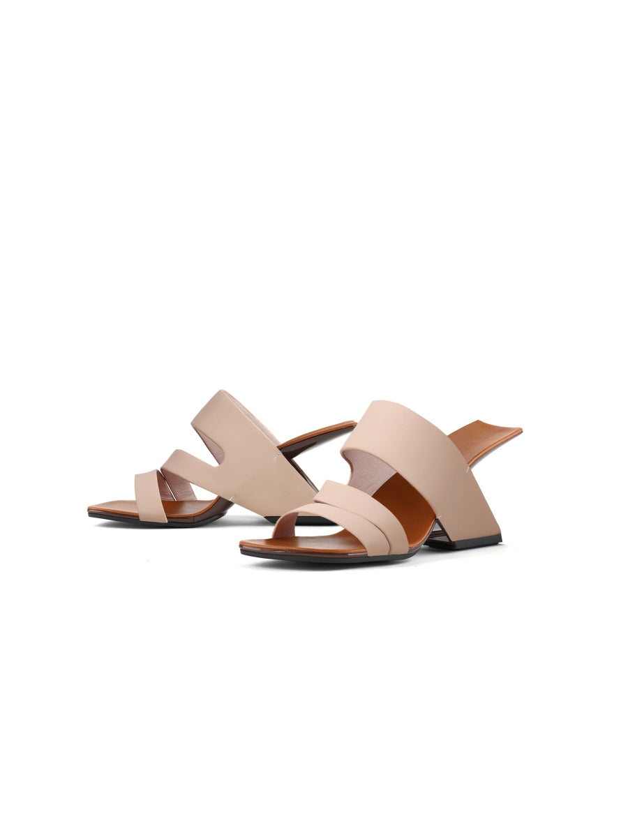 JadyRose | Beige Cross Strap Leather Wedge Slides Sandals