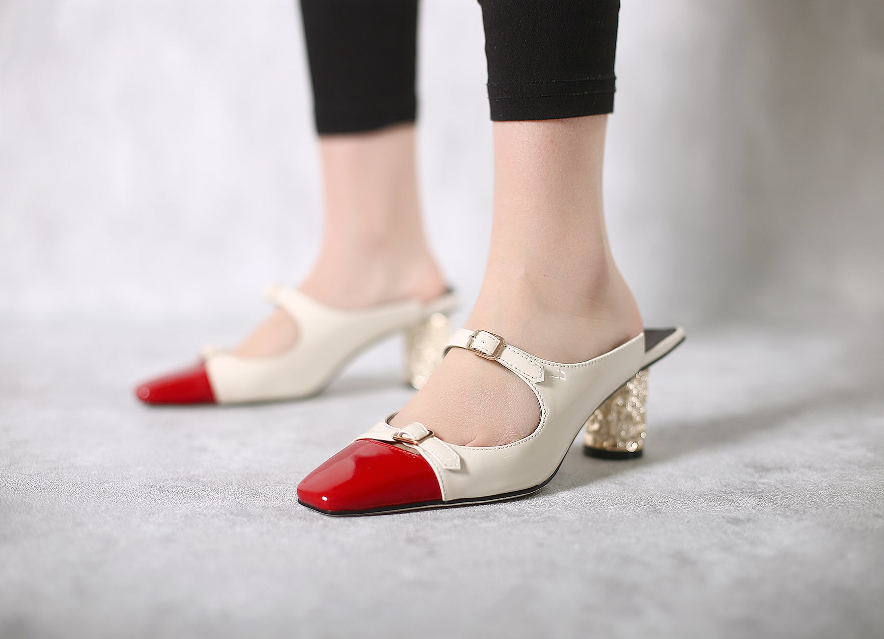 JadyRose | Bar-Accent Golden Mid Heel Leather Mules Loafers - Beige