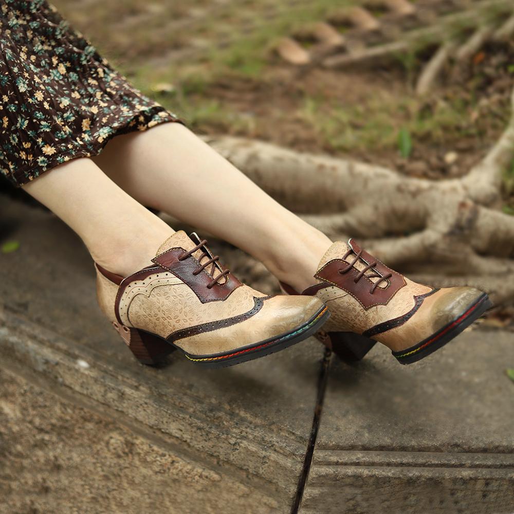 SOFFIA | BEIGE LEATHER ADELE BLOCK HEEL BROGUES OXFORD