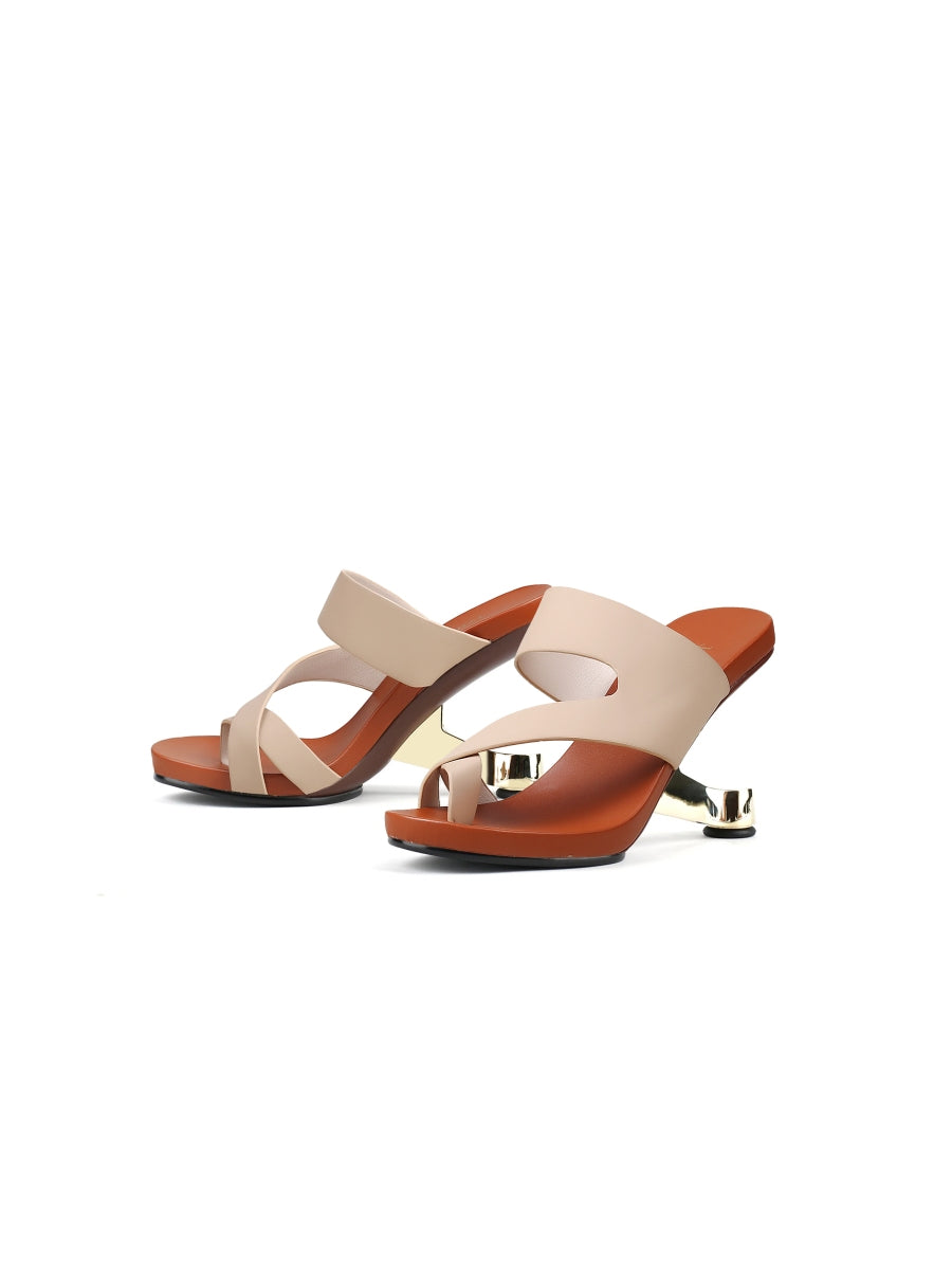 JadyRose | Beige Criss-Cross Toe Elevator Heel Leather Slides Sandals