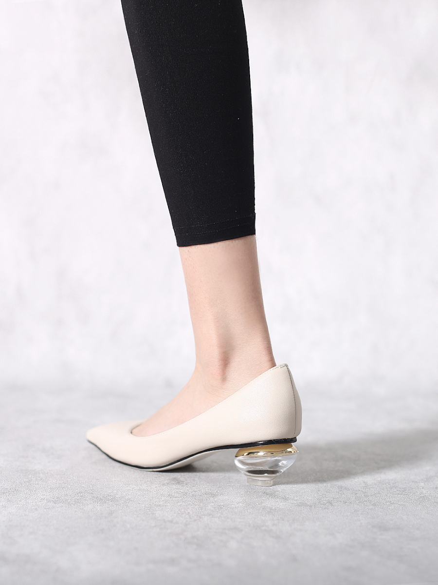 JadyRose | Genuine Leather Beige & Crystal Bowl-Heel Pump