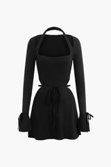 Bellina Black Square Neck Halter Tie Bell Sleeve Mini Party Dress