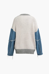 Betty Grey Stitching Denim Round Neck Sweater