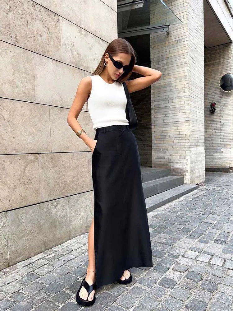 Black Loose Long Skirts Women A-Line Zip Skirts Ladies Elegant Summer Skirts Female With Pocket Ankle-Length Skirts