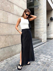 Black Loose Long Skirts Women A-Line Zip Skirts Ladies Elegant Summer Skirts Female With Pocket Ankle-Length Skirts