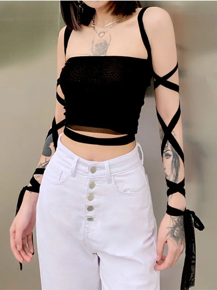 Black Mesh Lace Up Bandage Crop Top Fairy Grunge Aesthetic Clothes Cyber Y2k Mall Goth Tanks Sexy Clothing