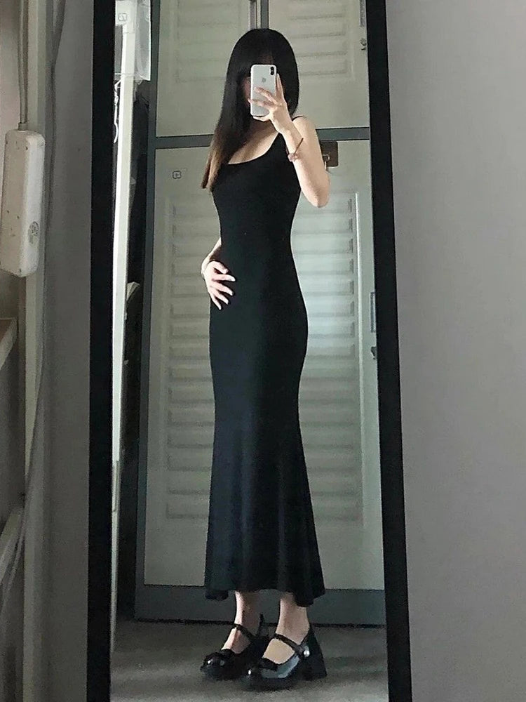 Black Sexy Maxi Dress for Women Party Spring Summer Basic Bodycon Stretch Sleeveless Backless Slim Long Dresses Elegant Clothing