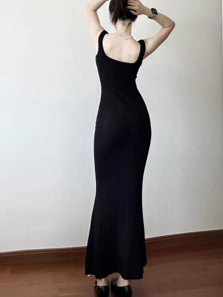 Black Sexy Maxi Dress for Women Party Spring Summer Basic Bodycon Stretch Sleeveless Backless Slim Long Dresses Elegant Clothing