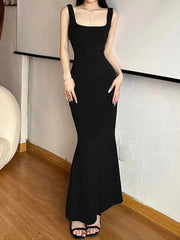 Black Sexy Maxi Dress for Women Party Spring Summer Basic Bodycon Stretch Sleeveless Backless Slim Long Dresses Elegant Clothing