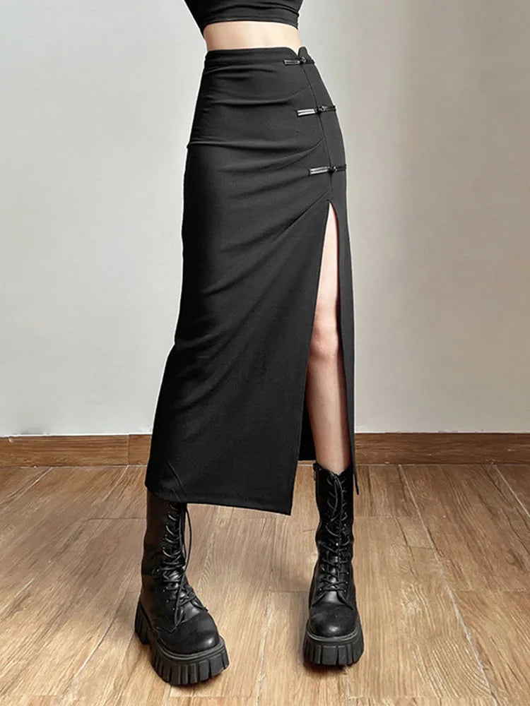 Black Sexy Split Simple Casual All-Match Hot Street Outing Cool Mature Vitality Personality Trend Basic Women’S Skirt