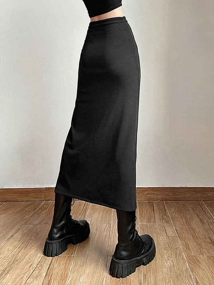 Black Sexy Split Simple Casual All-Match Hot Street Outing Cool Mature Vitality Personality Trend Basic Women’S Skirt