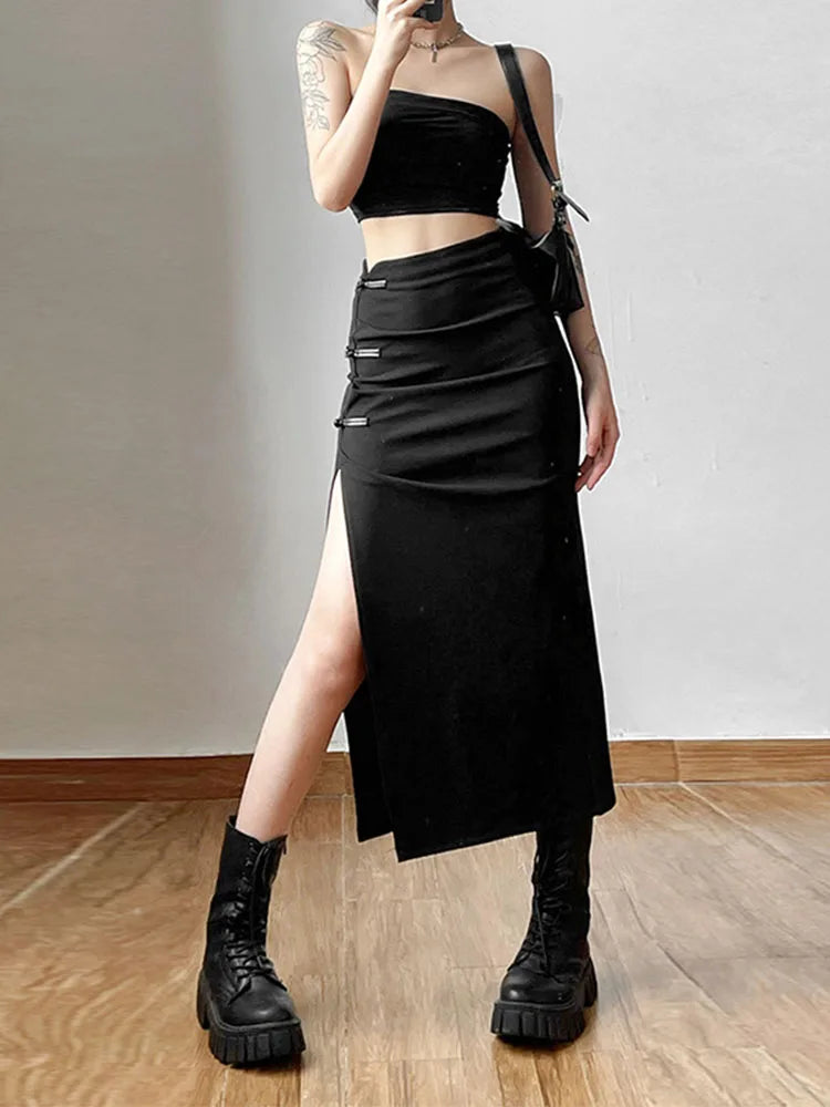 Black Sexy Split Simple Casual All-Match Hot Street Outing Cool Mature Vitality Personality Trend Basic Women’S Skirt