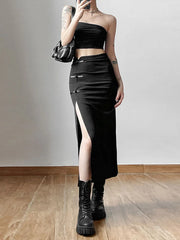 Black Sexy Split Simple Casual All-Match Hot Street Outing Cool Mature Vitality Personality Trend Basic Women’S Skirt