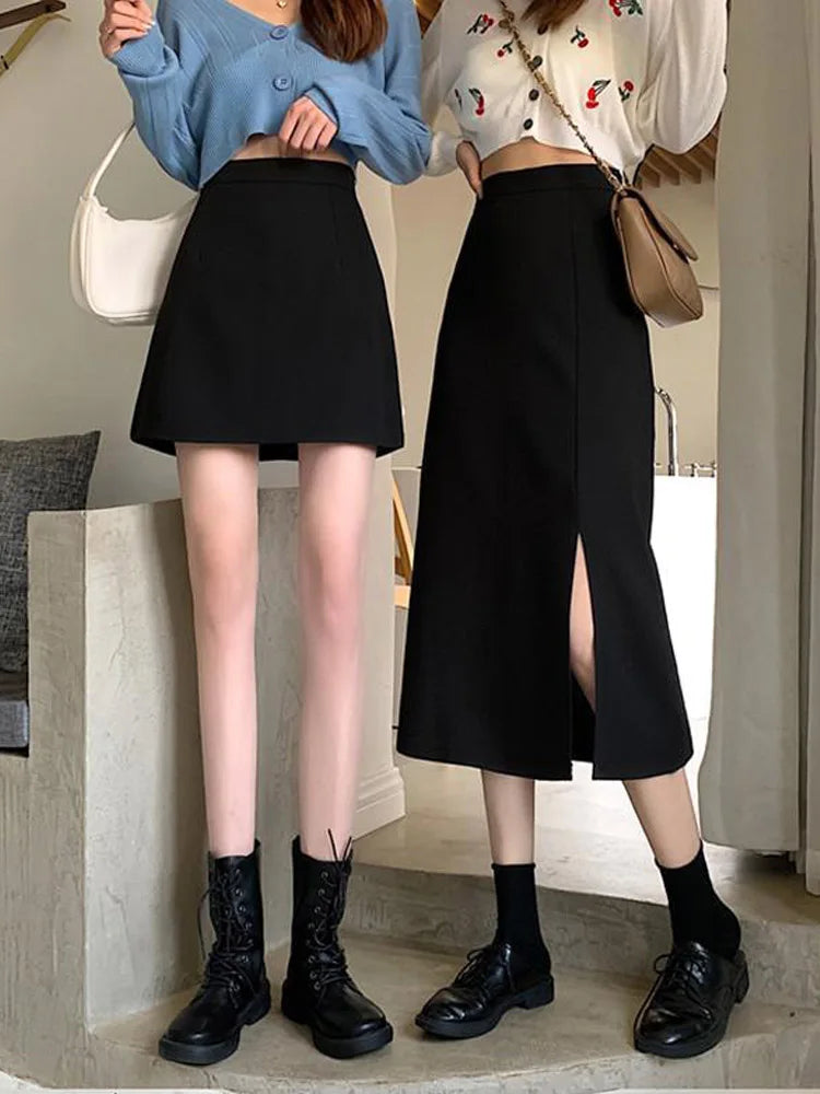 Black Skirts Women Mid-calf College A-line High Waist Korean Style OL All-match Friends Streetwear Chic Female Bottom