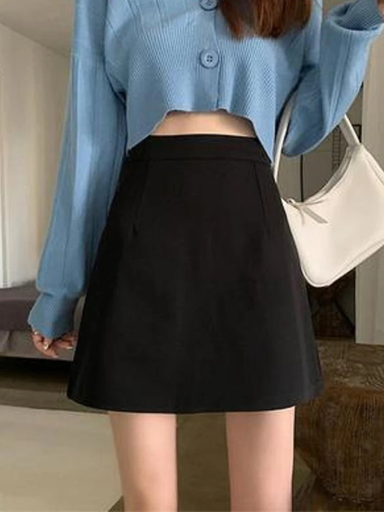 Black Skirts Women Mid-calf College A-line High Waist Korean Style OL All-match Friends Streetwear Chic Female Bottom