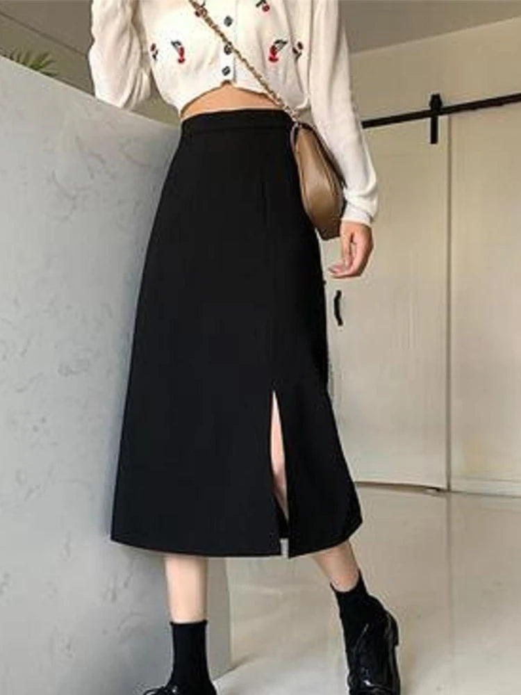 Black Skirts Women Mid-calf College A-line High Waist Korean Style OL All-match Friends Streetwear Chic Female Bottom