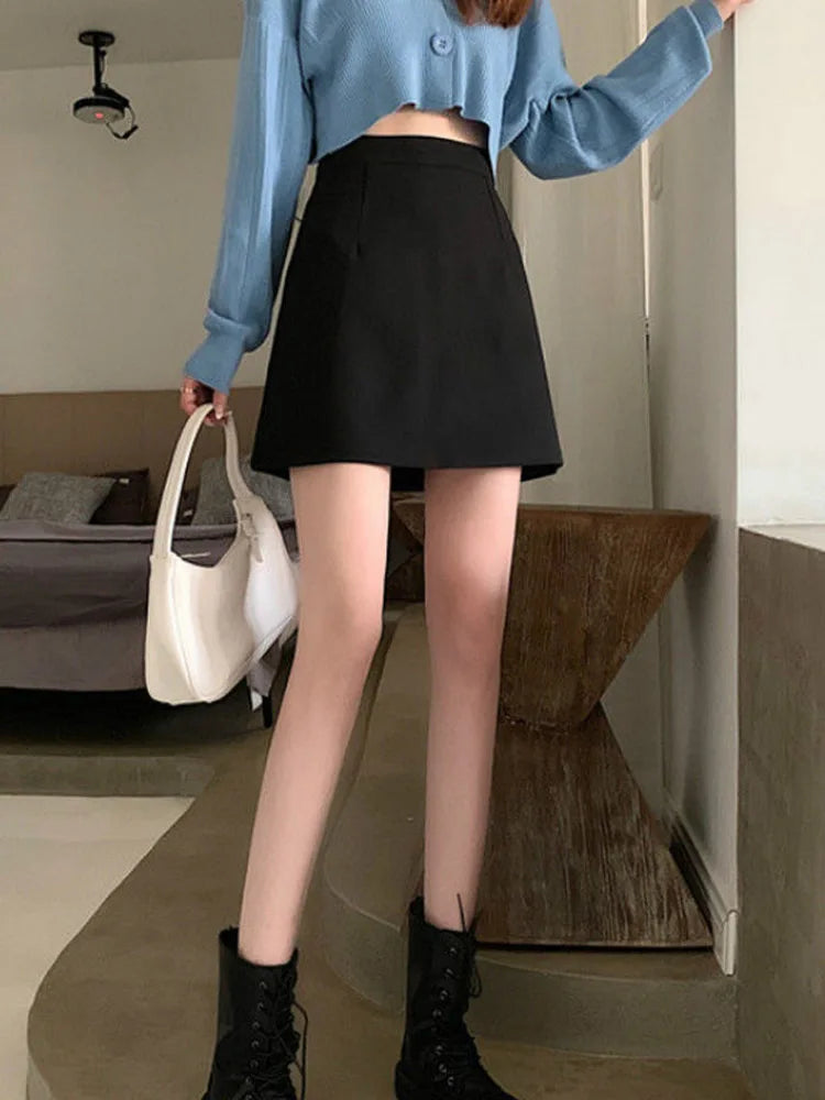 Black Skirts Women Mid-calf College A-line High Waist Korean Style OL All-match Friends Streetwear Chic Female Bottom