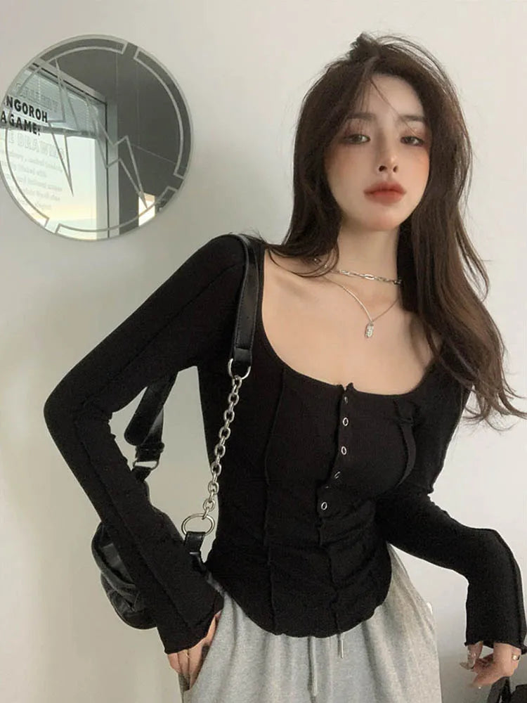 Black White T Shirt Women Cotton Button Elasticity Slim Long Sleeve 2024 Fall Tops Fashion Korean Style T-shirt Womens Clothing