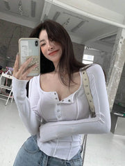 Black White T Shirt Women Cotton Button Elasticity Slim Long Sleeve 2024 Fall Tops Fashion Korean Style T-shirt Womens Clothing