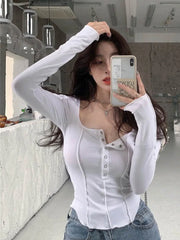 Black White T Shirt Women Cotton Button Elasticity Slim Long Sleeve 2024 Fall Tops Fashion Korean Style T-shirt Womens Clothing