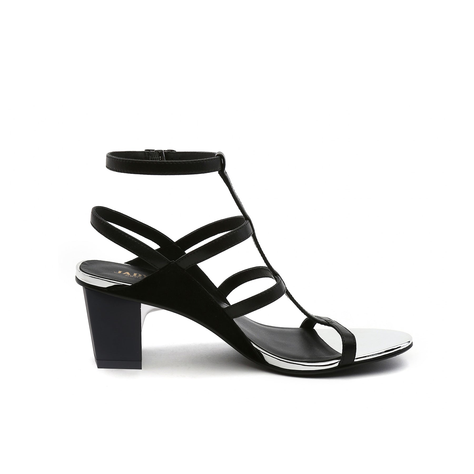 JADY ROSE | CUT-OUT LEATHER ANKLE STRAP SANDAL - BLACK