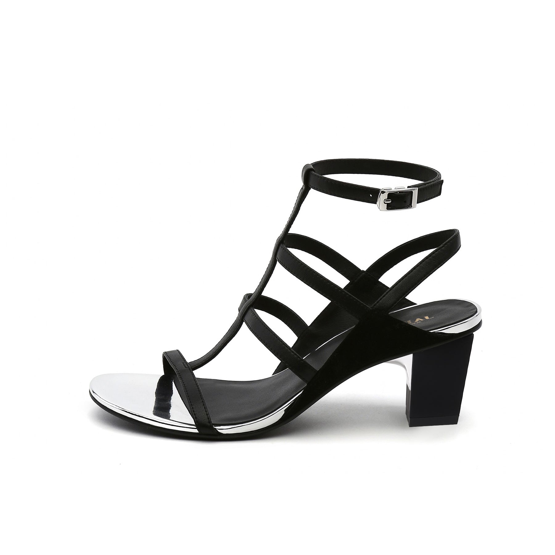 JADY ROSE | CUT-OUT LEATHER ANKLE STRAP SANDAL - BLACK