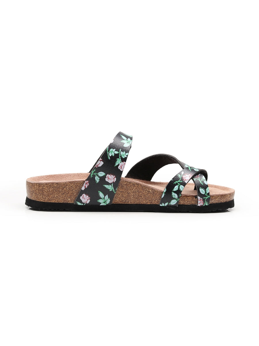 Maibulun | Black Rose Buckle-Accent Suede Upper Sandals