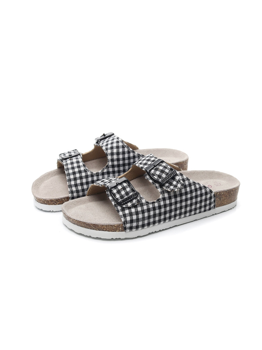 Maibulun | Tartan Gingham Double-Buckle Sandals Slides - Black