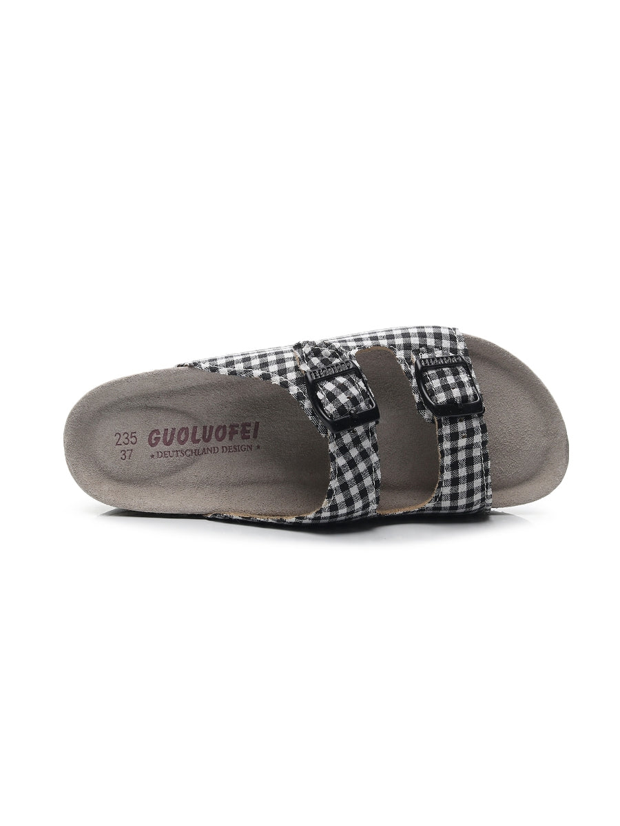 Maibulun | Tartan Gingham Double-Buckle Sandals Slides - Black