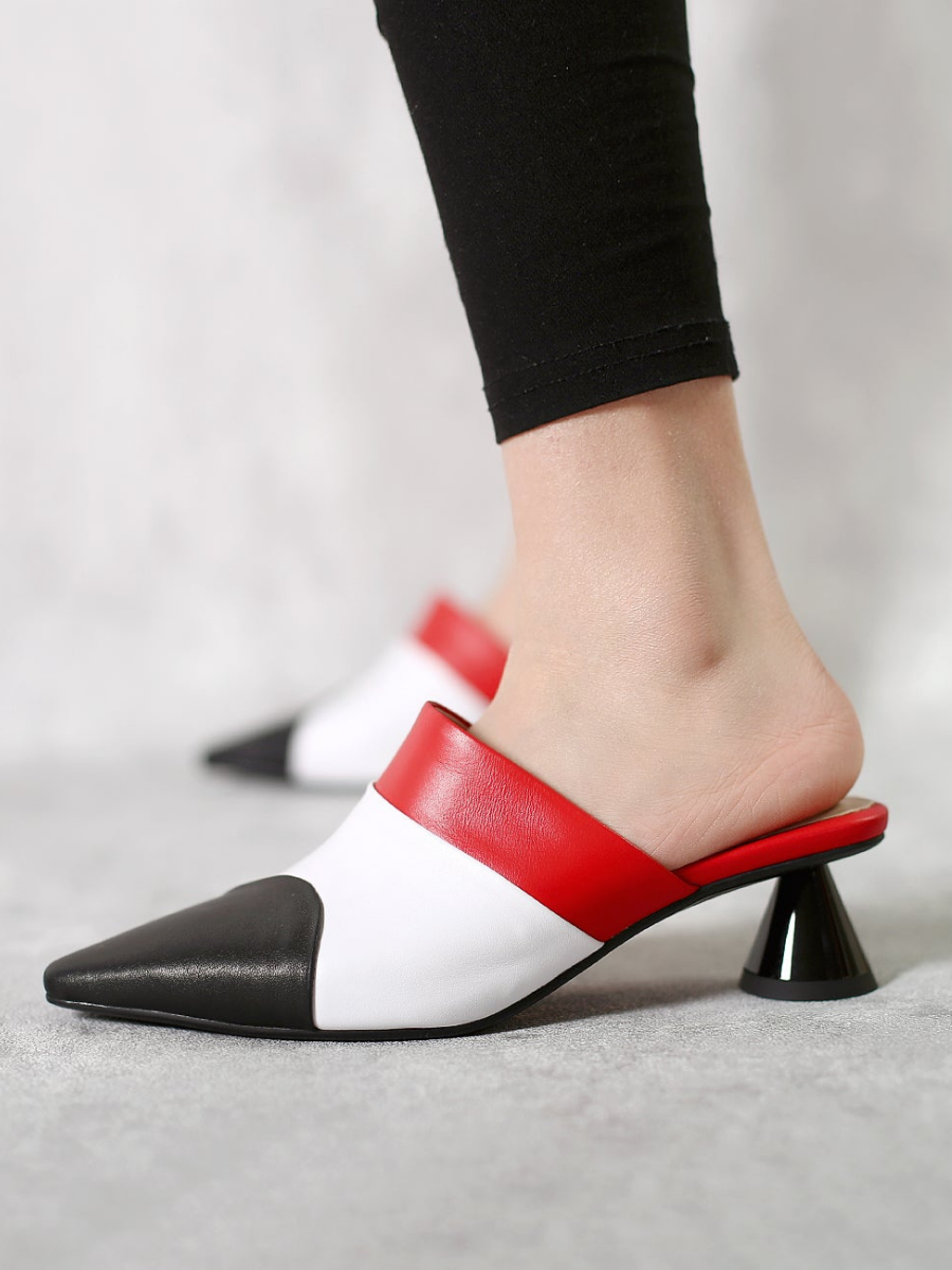 JadyRose | Contrast Color Triangular-Heel Leather Slide Mule