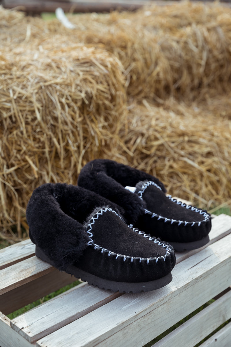 SMAIBULUN Ugg | WOOL LINED SUEDE TASMAN SLIPPER MOCCASIN - BLACK