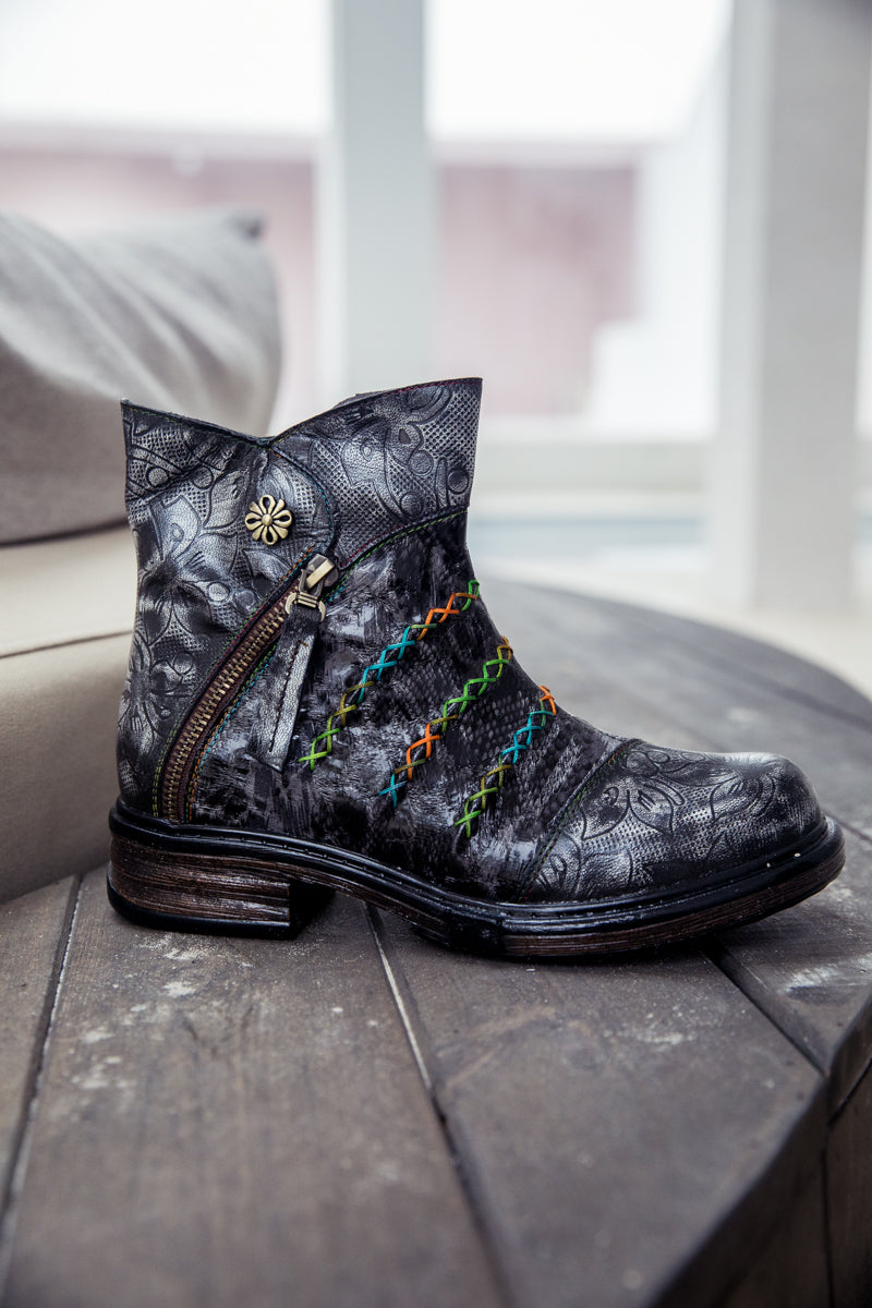 SOFFIA | Genuine Leather Rainbow Stitch Floral Embossed Ankle Boots