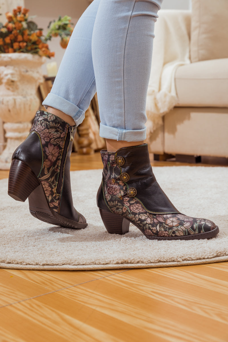 SOFFIA | FLORAL BUTTON-ACCENT BLACK LEATHER ANKLE BOOT