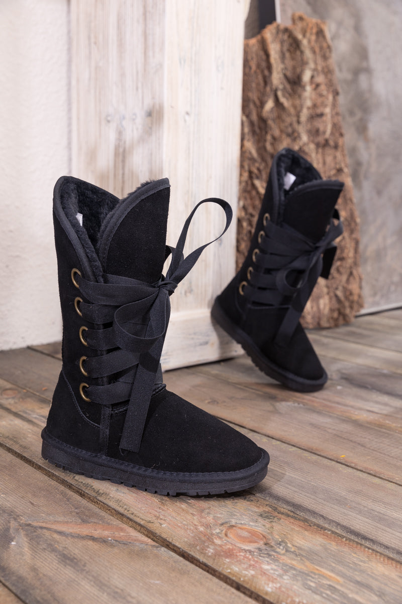 SMAIBULUN Ugg | Ribbon Lace-Up Faux Fur-lined Suede Boot - Black